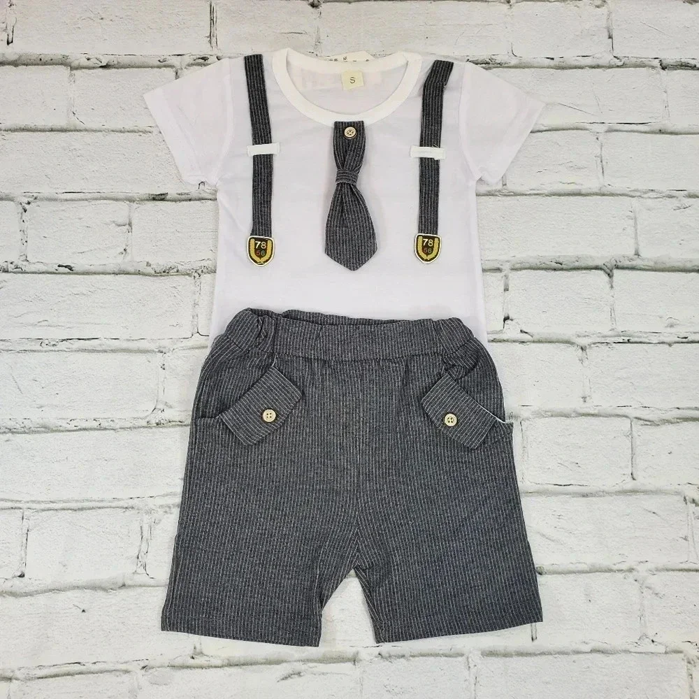 9-12M Grey Faux Suit Baby Boys 2 pcs Outfit. T-Shirt and Shorts Set.